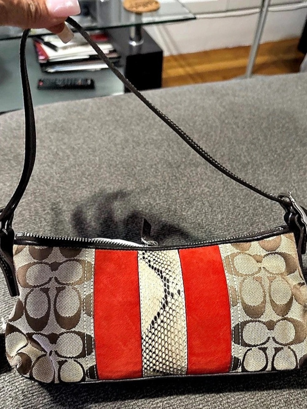 COACH Peyton Signature Stripe East West Demi Signature Stripe Shoulder Bag Brown